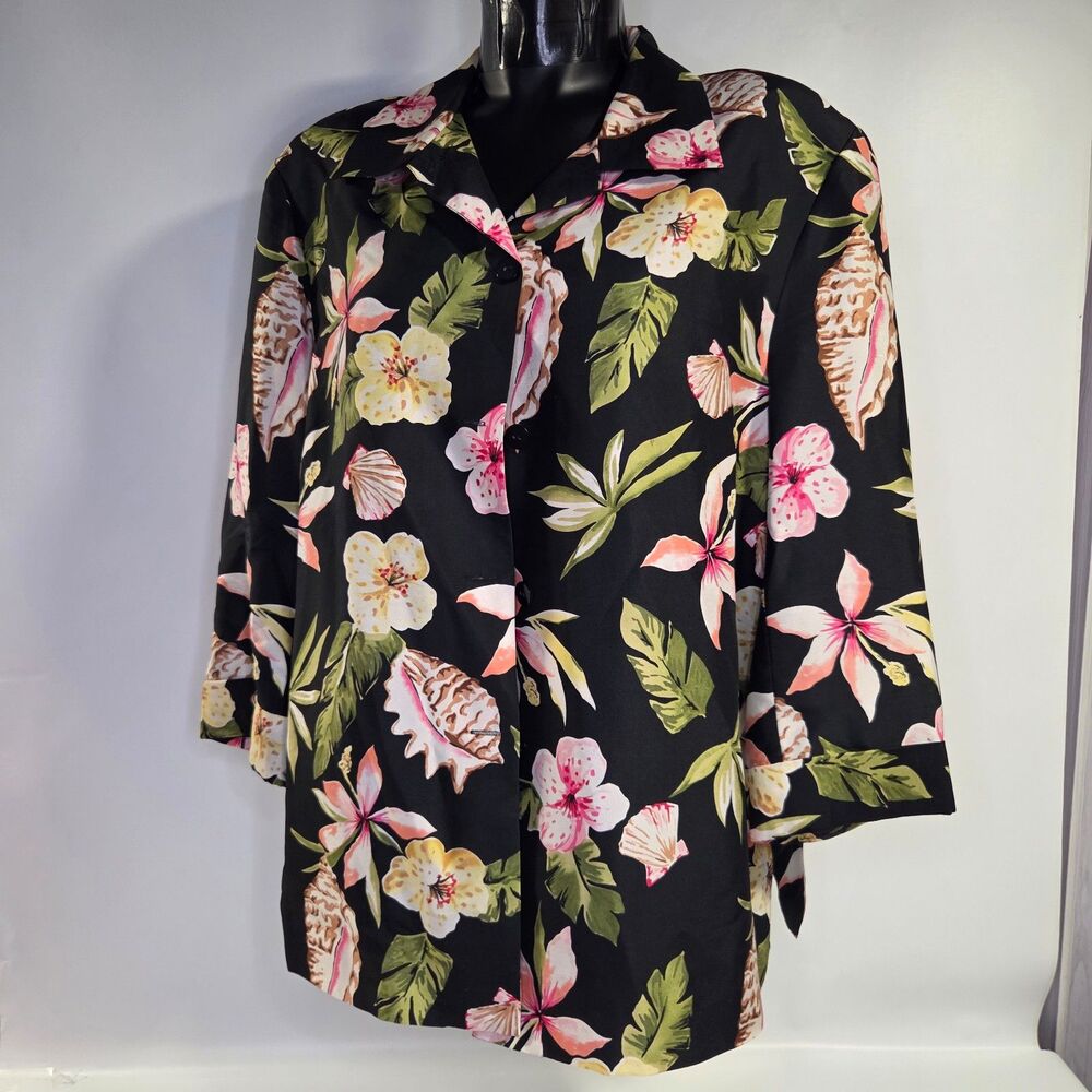 Silkland 100% Silk Jacket Womens 2X Duster Coat Floral Tropical Seashell Blazer